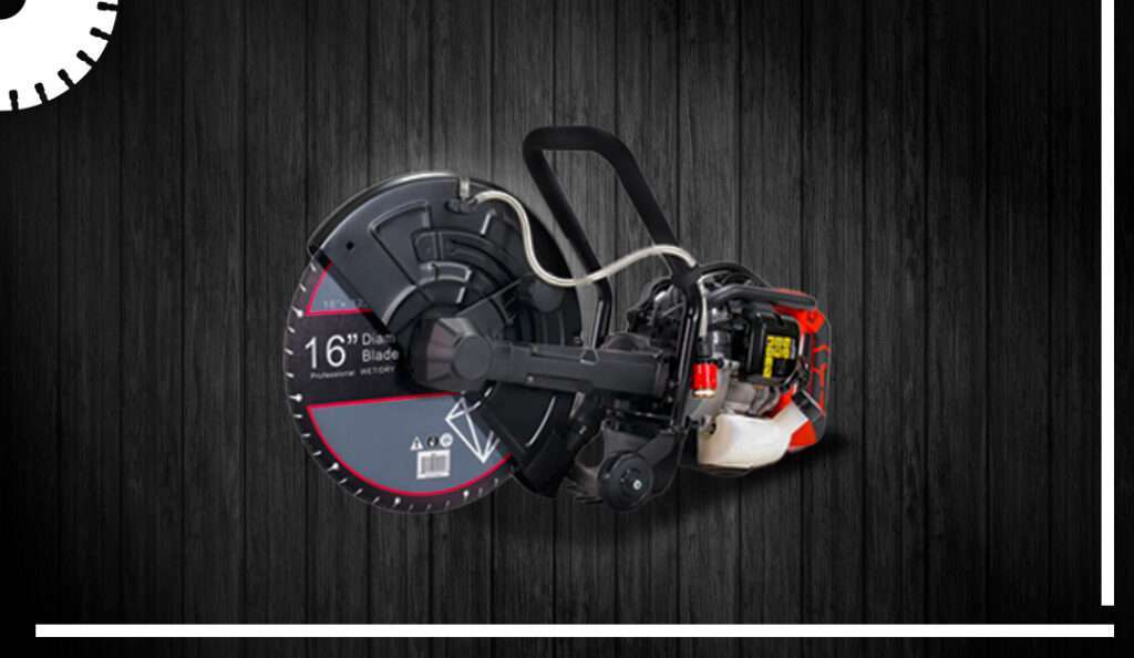 Close‑up of a 16‑inch handheld concrete cutoff saw from Stark Tools displayed against a dark wood background