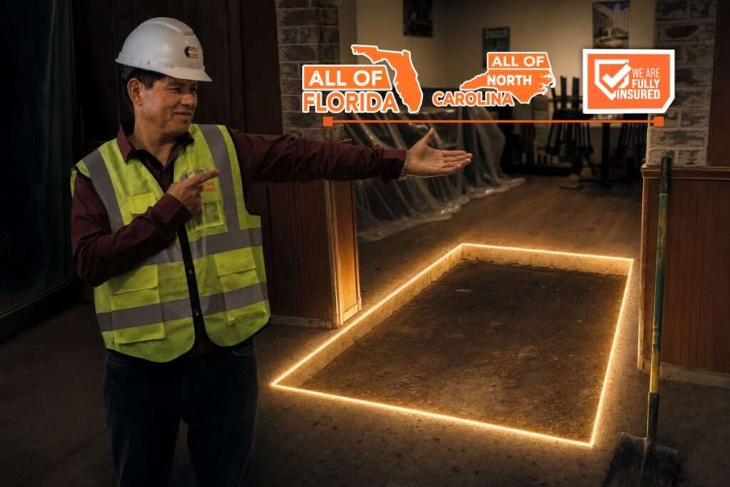 Concrete cutting contractor presenting a clean precision slab cut in a commercial restaurant floor in Florida, cut edges highlighted, professional PPE