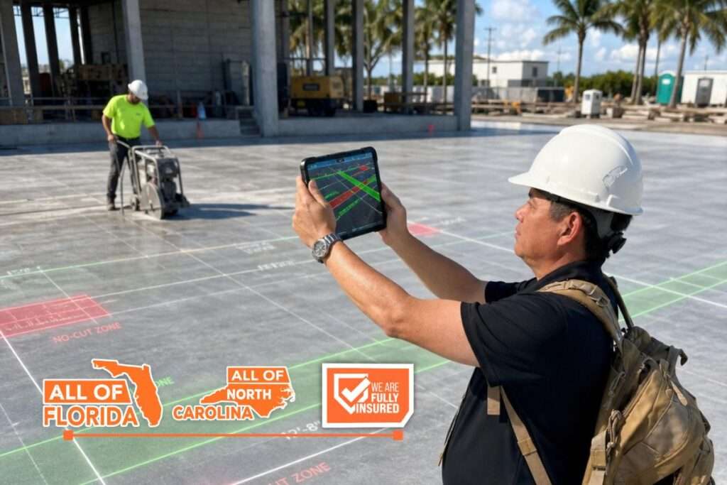 Concrete drilling company Florida using digital scan data to mark safe cutting zones on a commercial slab.