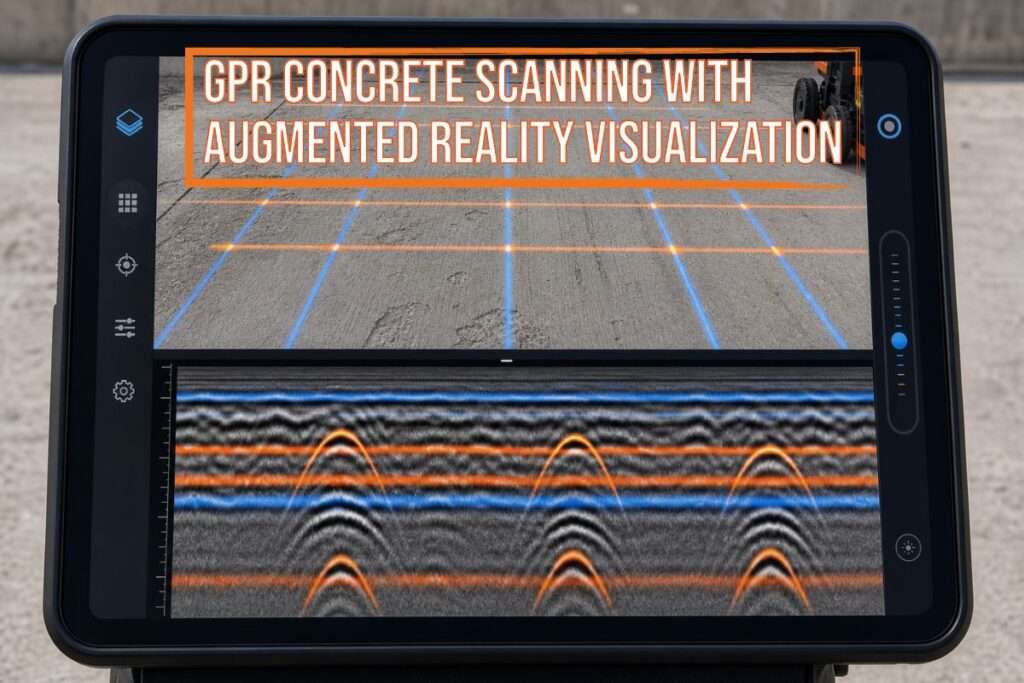 GPR concrete scanning with augmented reality visualization showing post-tension cables and rebar before core drilling.