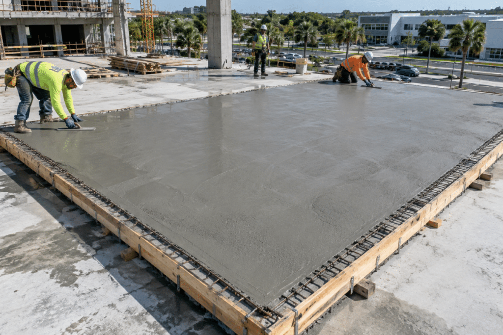 Tilt-up concrete panel poured flat on the ground before being tilted into place  tilt-up concrete panels Florida hurricane